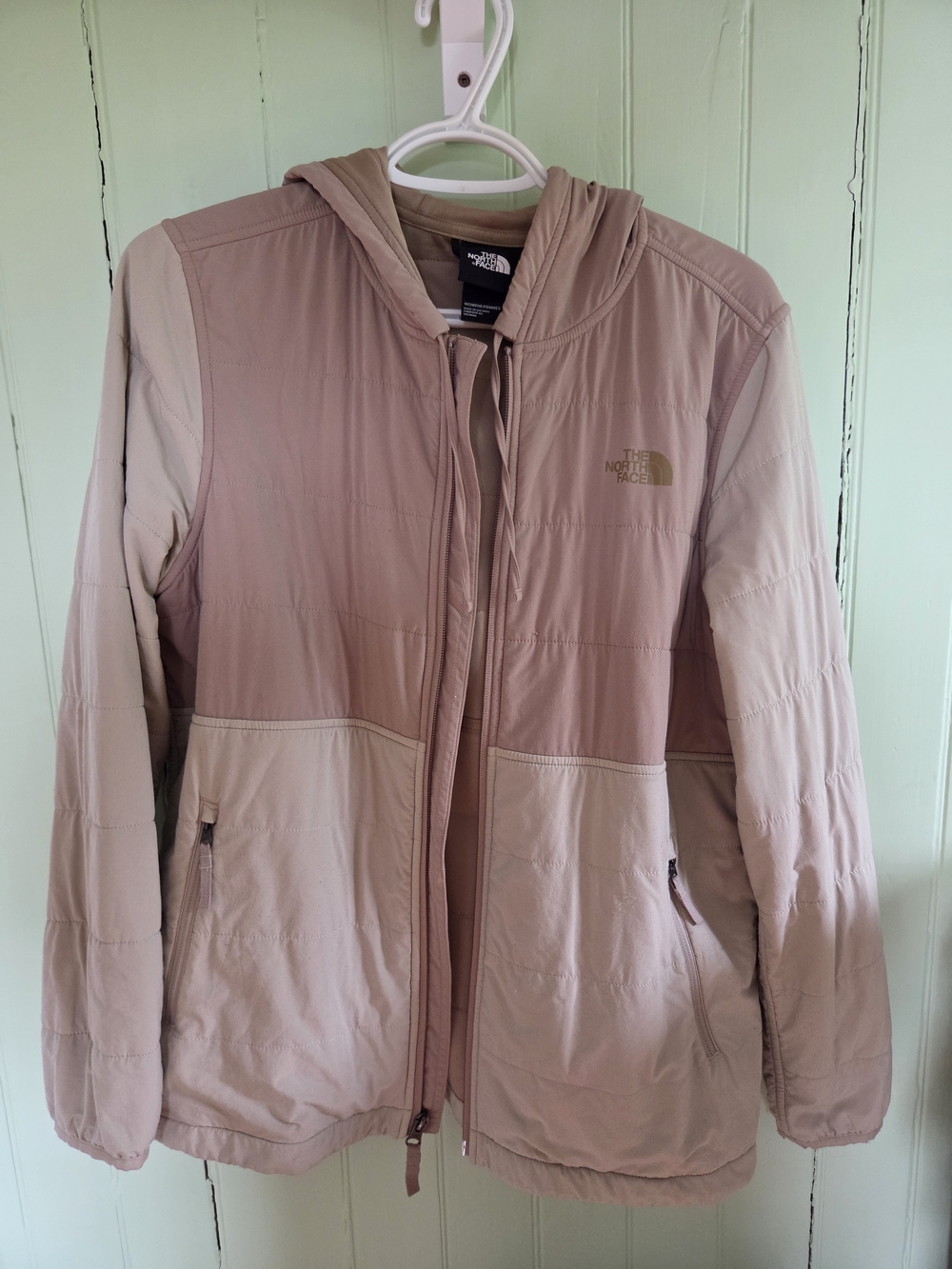The North Face Two-Tone Hooded Puffer Jacket in Blush and Light Taupe